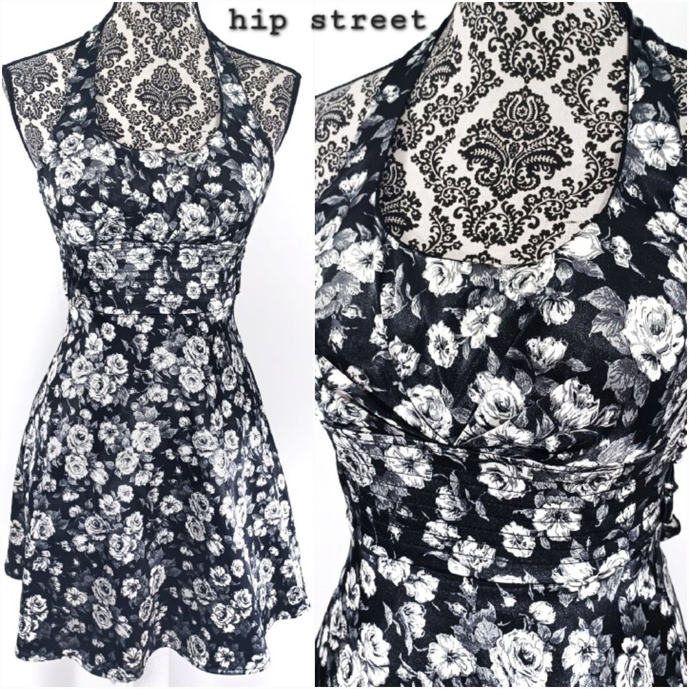 B DARLIN Halter Neck High Waist Floral Satin Fit & Flare Party Prom Dress 1/2